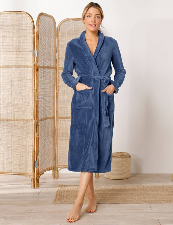 Peignoir polaire toucher peluche manches longues, longueur 115 cm (bleu)