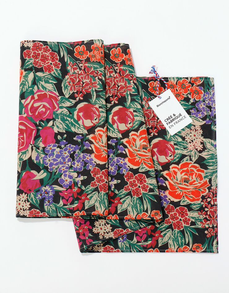 Foulard fabriqué en France imprimé grosses fleurs, 198x38 cm  - coton  (noir)