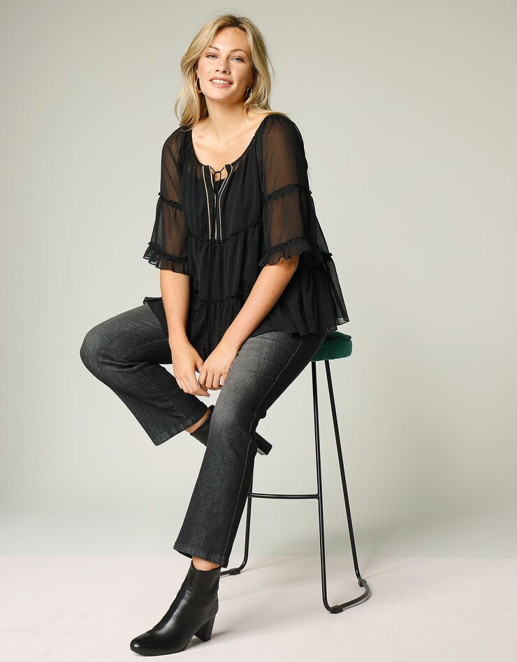 Blouse volantée voile unie détails dorés (noir) Blouse volantée voile unie détails dorés (noir)
