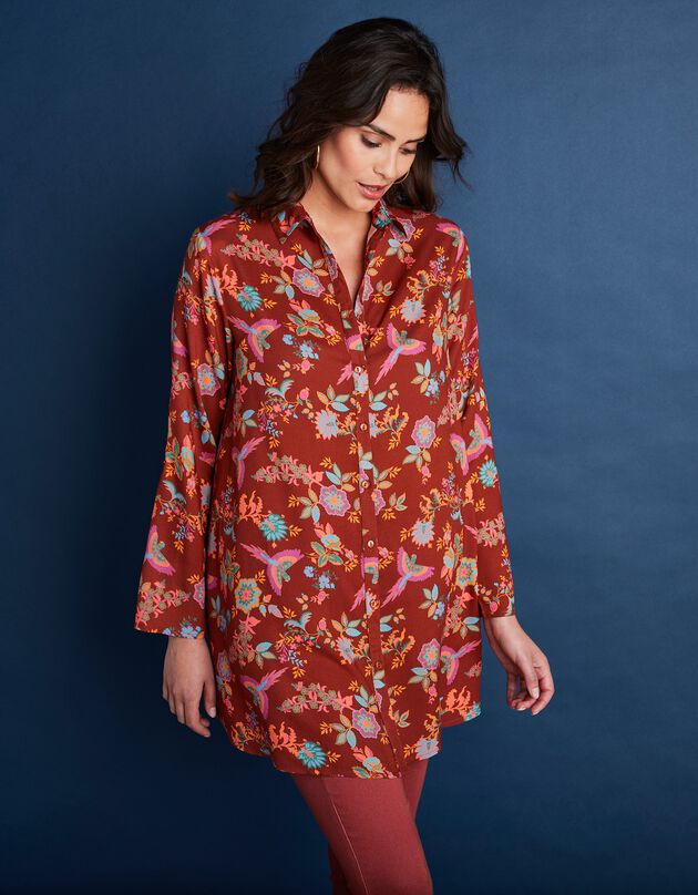 Tunique longue col chemise - imprimé arabesque (tomette / orange)
