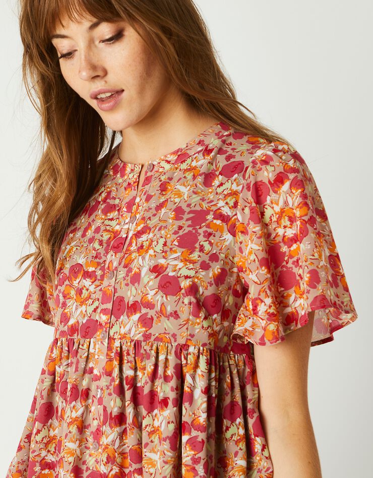 Robe évasée, voile imprimé (praline)
