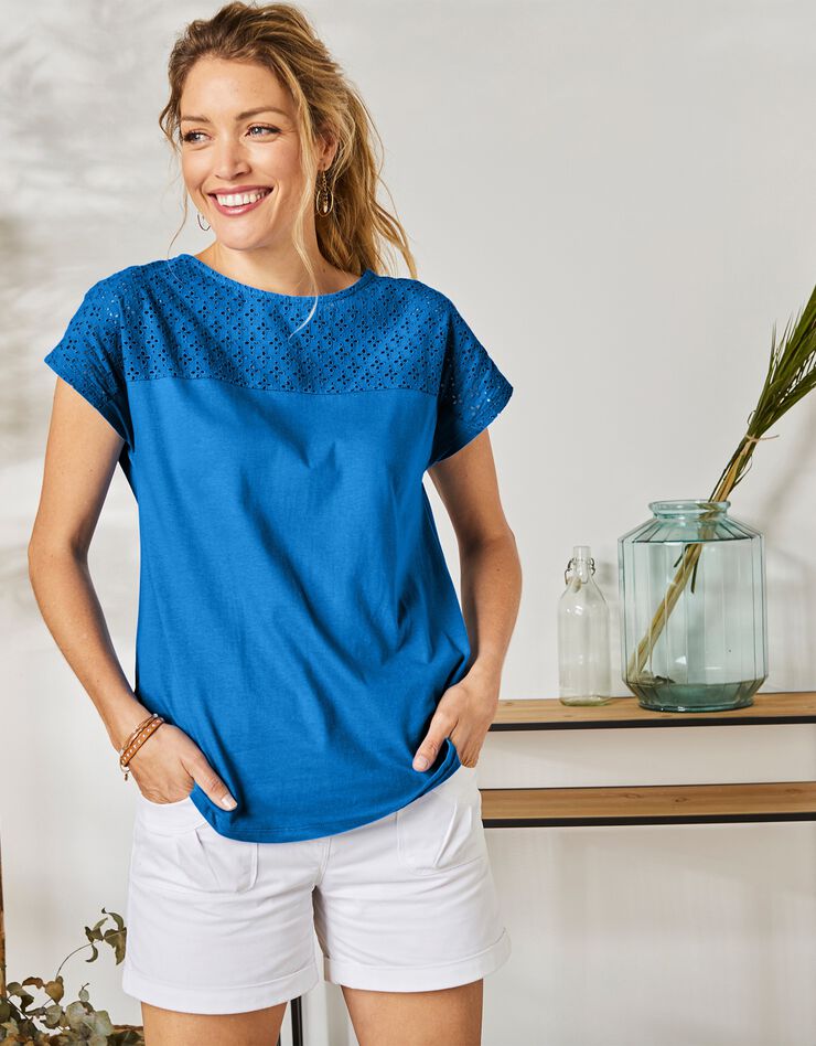 Tee-shirt broderie anglaise manches courtes (bleu)
