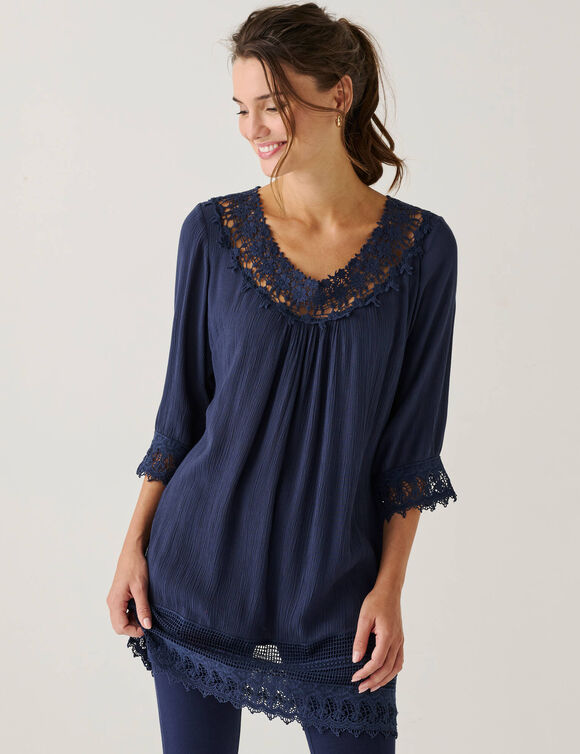 Tunique macram&eacute; manches 3/4, cr&eacute;pon (marine)
