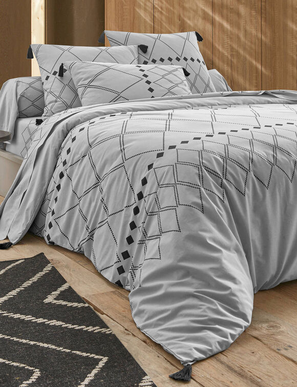 Linge de lit Massaï coton à motifs graphiques et finitions pompons (gris)