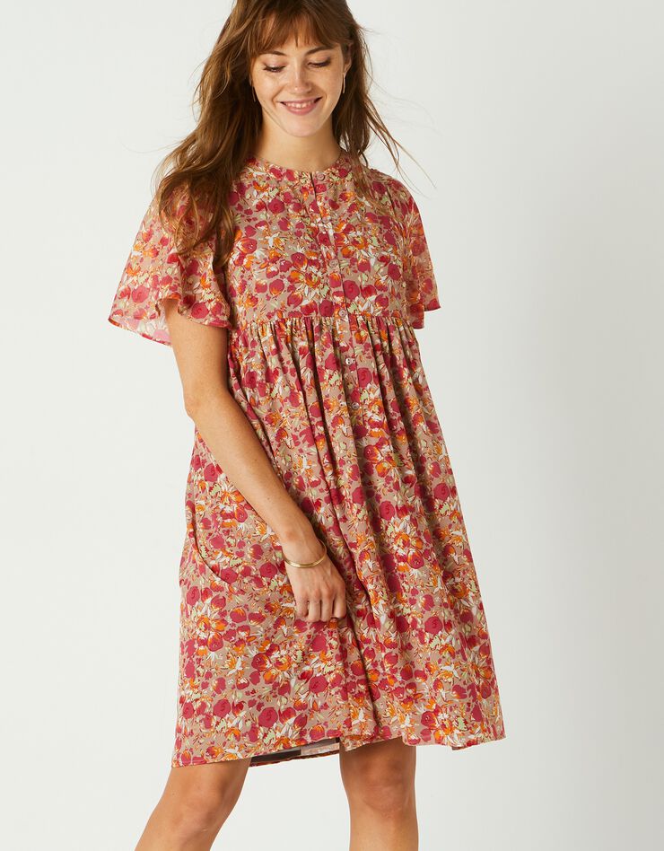 Robe évasée, voile imprimé (praline)