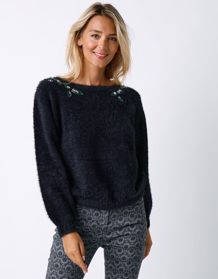 Pull maille douceur avec strass et perles (noir / argenté) Pull maille douceur avec strass et perles (noir / argenté)