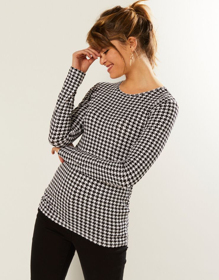Tee-shirt col rond imprimé pied-de-poule, stretch (noir / blanc) Tee-shirt col rond imprimé pied-de-poule, stretch (noir / blanc)