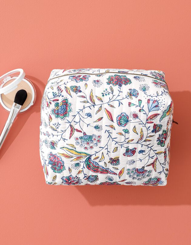 Trousse de toilette zippée matelassée, imprimé floral Indian Summer (écru / bleu)