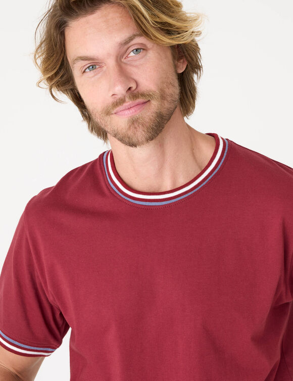 T-shirt uni manches courtes d&eacute;tails ray&eacute;s   (rouge)