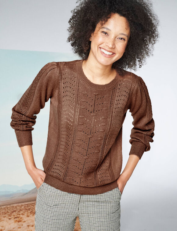 Pull col rond, maille fantaisie toucher doux (chocolat)