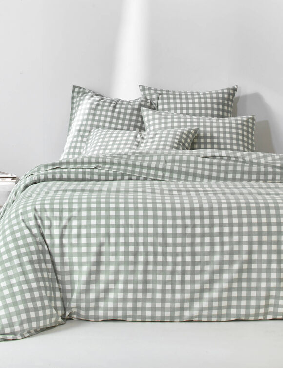 Linge de lit Lou imprim&eacute; carreaux - en coton (kaki clair)