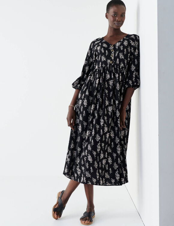 Robe longue boutonn&eacute;e, imprim&eacute;e (noir)