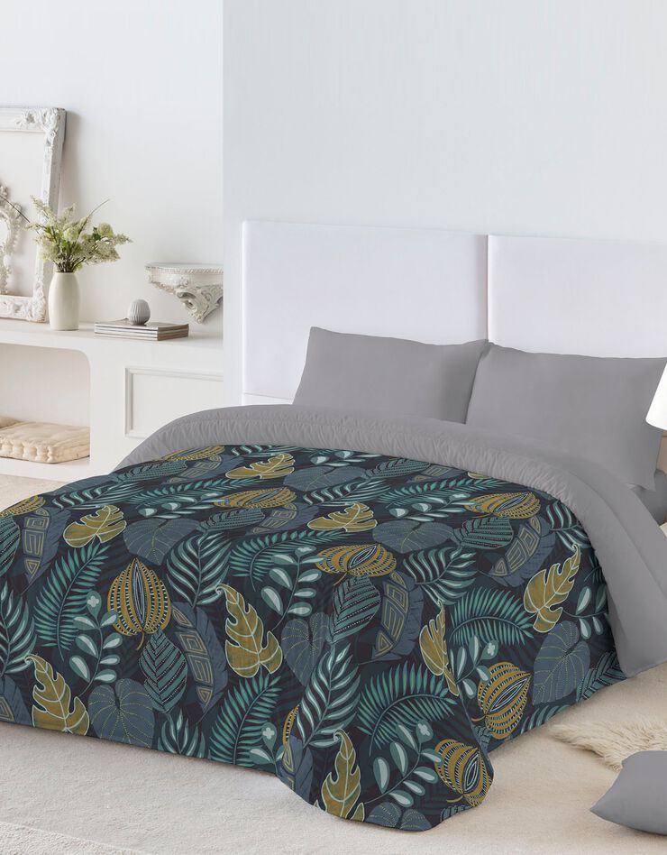 Couette microfibre imprimée Feuilles - 200 g/m2 (bleu canard / miel)