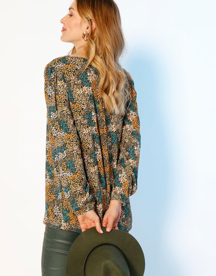 Blouse évasée détails dorés imprimé fleurs (kaki / safran) Blouse évasée détails dorés imprimé fleurs (kaki / safran)