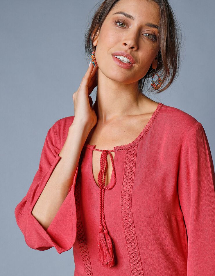 Robe longue unie manches 3/4 fendues, crépon (bois de rose)