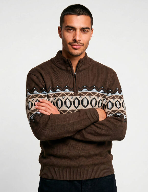 Pull jacquard col montant zipp&eacute; (marron)