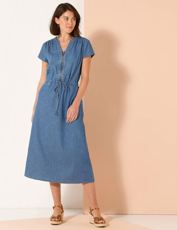 Robe longue col zippé, denim léger (stone)