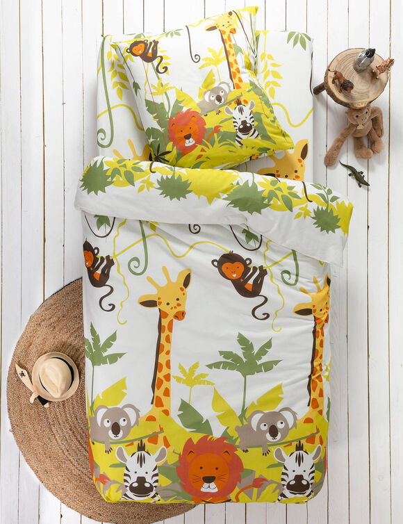 Linge de lit enfant Jungle imprimé animaux 1 personne - coton (beige)