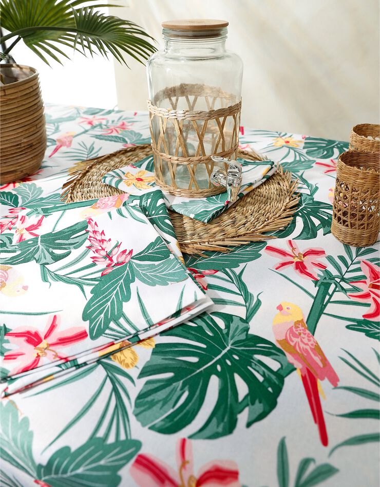 Nappe coton imprimé tropical (blanc / vert)