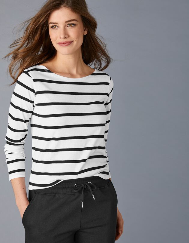 T-shirt marinière manches longues, coton biologique (blanc / noir)