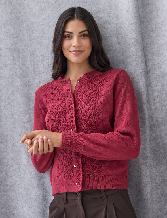 Gilet boutonn&eacute; col montant, maille fantaisie  (bordeaux)
