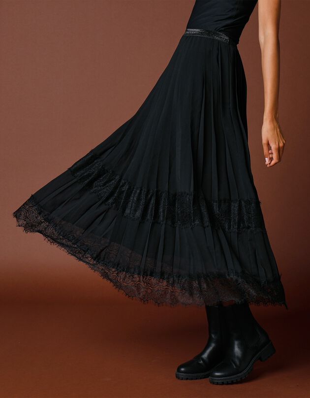 Jupe longue plissée, bande de dentelle  (noir)