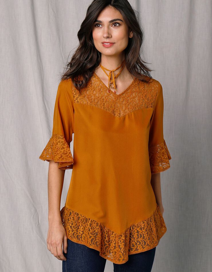 Blouse manches aux coudes dentelle et microfibre (ocre) Blouse manches aux coudes dentelle et microfibre (ocre)