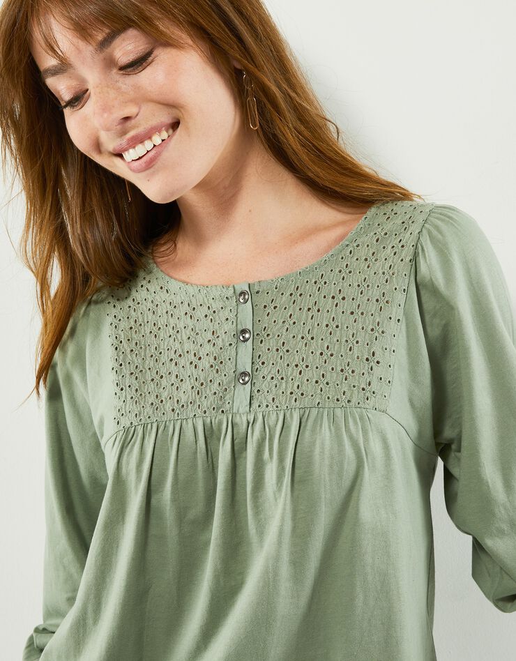Tee-shirt manches 3/4, empiècement broderie anglaise (vert grisé) Tee-shirt manches 3/4, empiècement broderie anglaise (vert grisé)