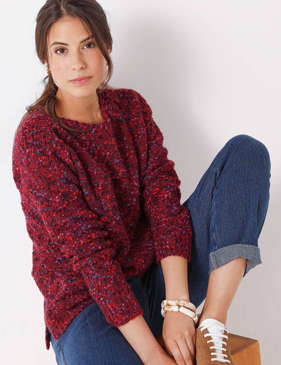 Pull maille bouclette, col bateau (prune)