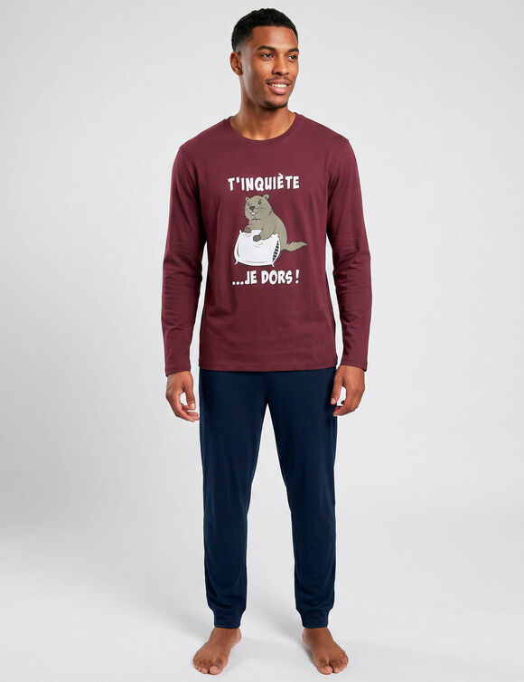 Pyjama pantalon manches longues Marmotte (bordeaux / marine)