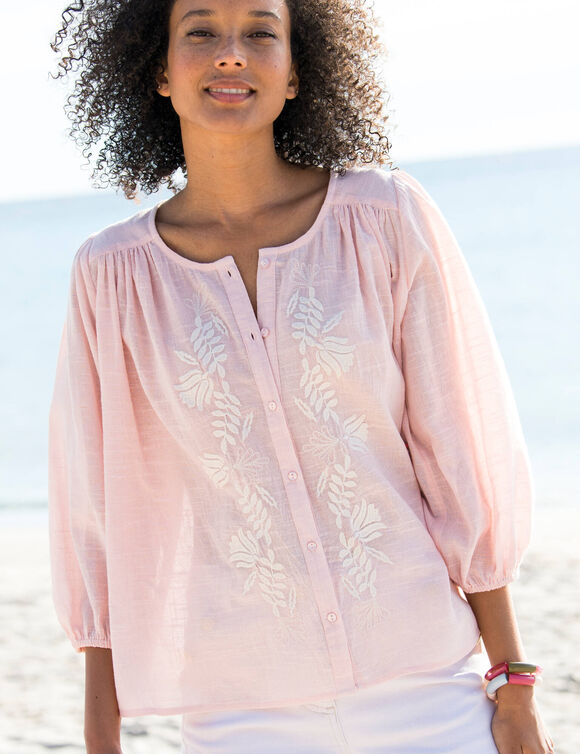 Chemisier brodé, manches 3/4  (rose grisé / écru)