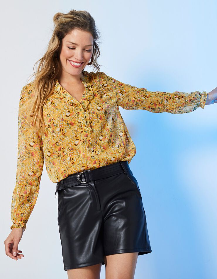 Blouse volantée, voile imprimé (miel / corail) Blouse volantée, voile imprimé (miel / corail)