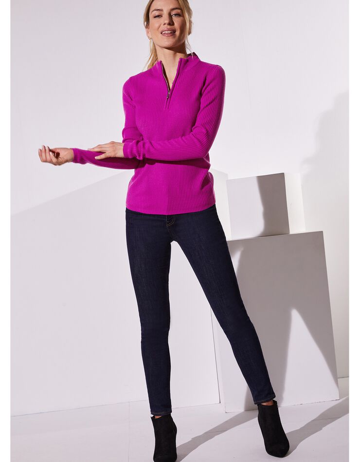 Pull col montant zippé maille côtelée (rose fuchsia) Pull col montant zippé maille côtelée (rose fuchsia)