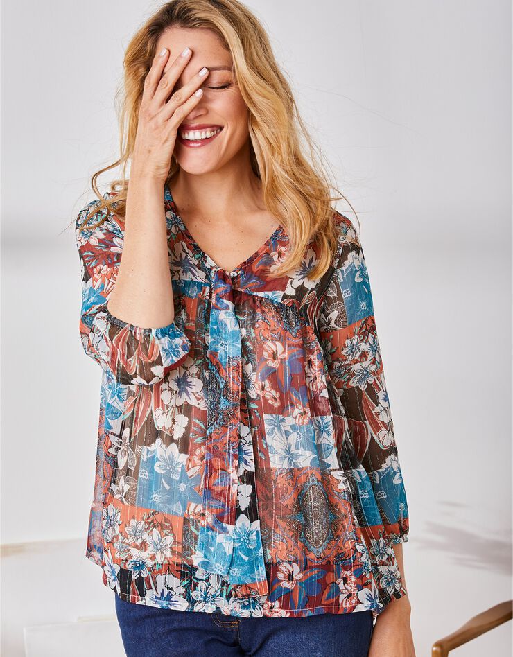 Blouse col lavallière, imprimé fleuri (chocolat / beige) Blouse col lavallière, imprimé fleuri (chocolat / beige)