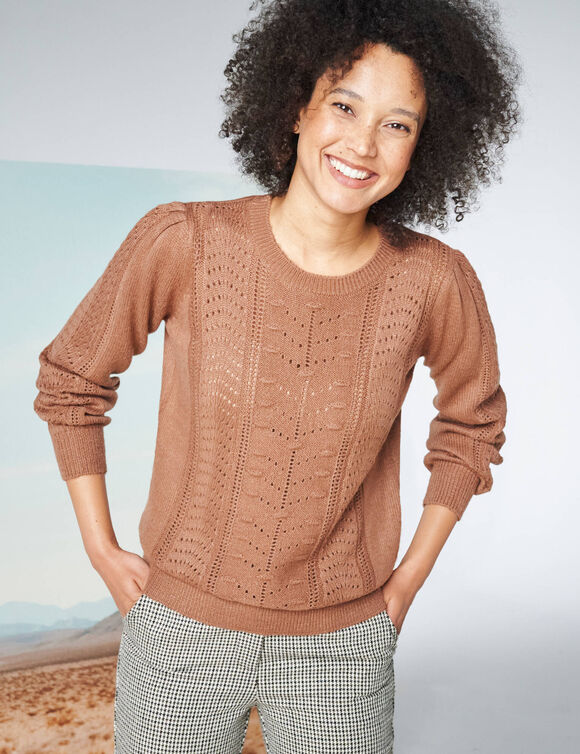Pull col rond, maille fantaisie toucher doux (chocolat)