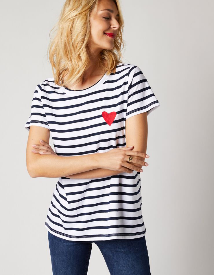 Tee-shirt rayé broderie "coeur", fils tissés-teints (blanc / bleu)