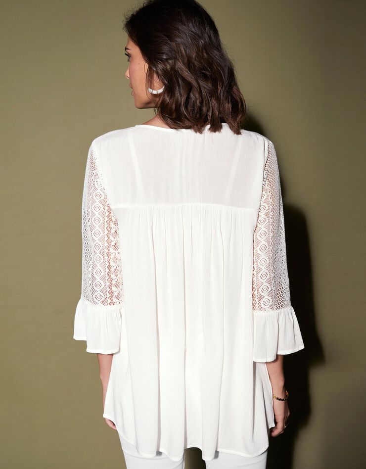 Blouse unie col V manches 3/4 macramé (écru) Blouse unie col V manches 3/4 macramé (écru)