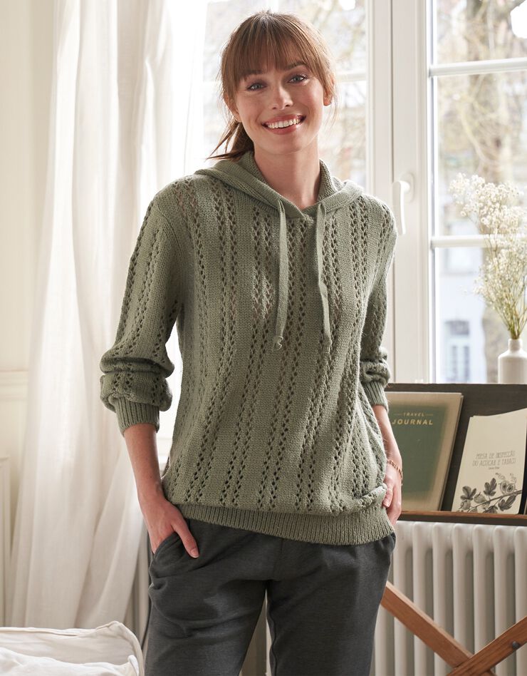 Pull à capuche maille ajourée (vert amande) Pull à capuche maille ajourée (vert amande)