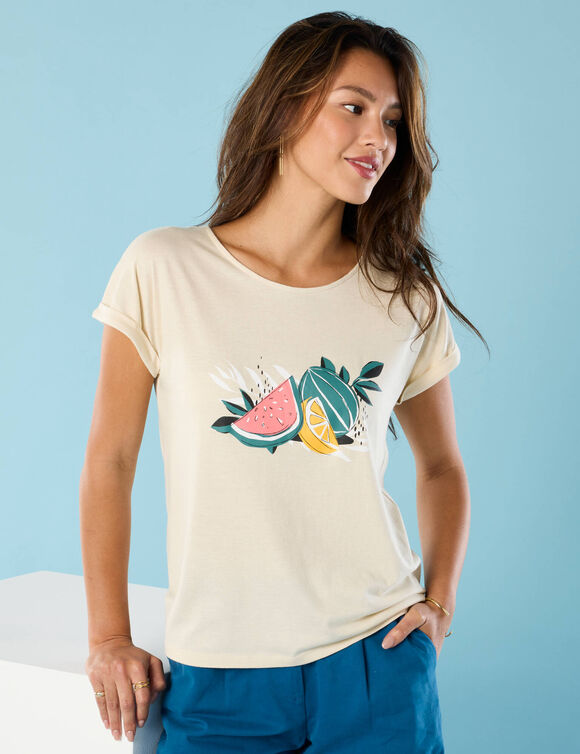 T-shirt manches courtes imprimé placé, Spécial Petites (sable)