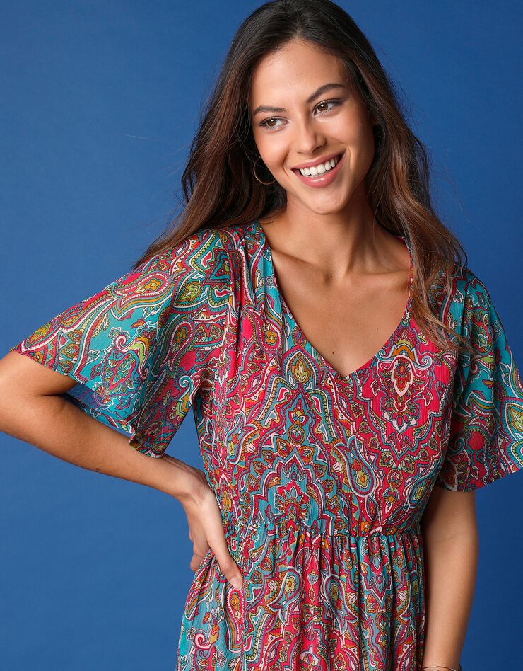 Robe longue en voile imprimé (aqua / rose)