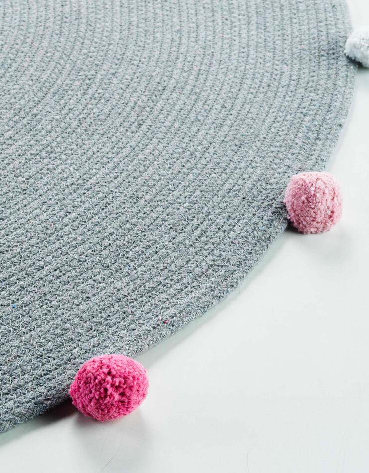 Tapis rond finition pompons gris/rose (gris)