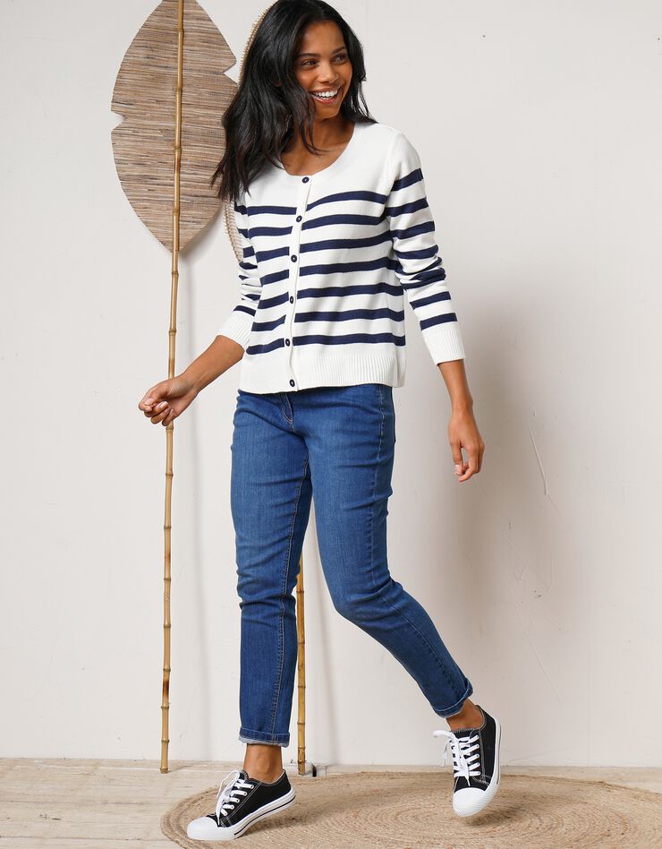 Cardigan rayé boutonné (écru / marine) Cardigan rayé boutonné (écru / marine)