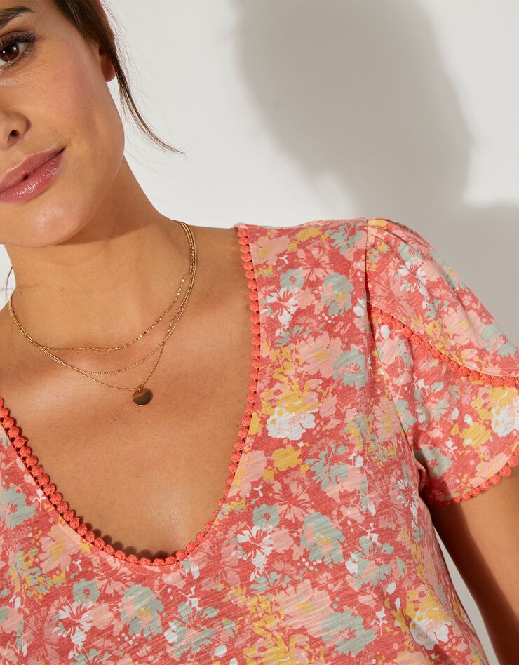 Tee-shirt imprimé coupe loose effet lin (corail / rose) Tee-shirt imprimé coupe loose effet lin (corail / rose)