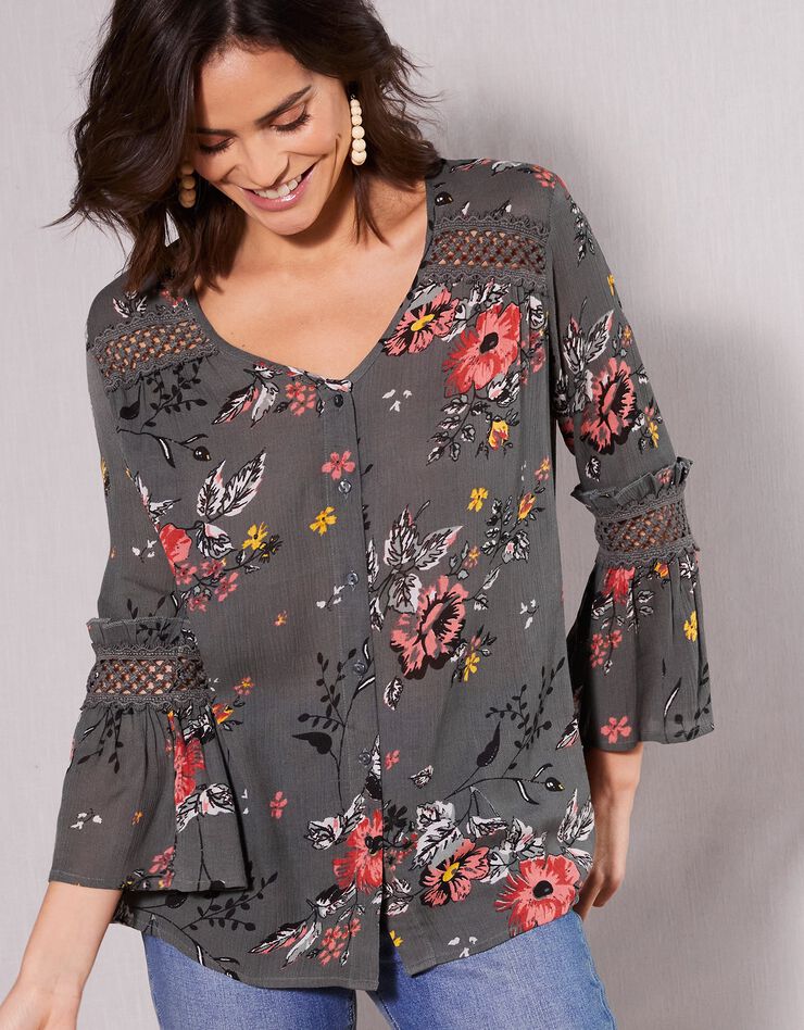 Blouse imprimée détails macramé (kaki / corail) Blouse imprimée détails macramé (kaki / corail)