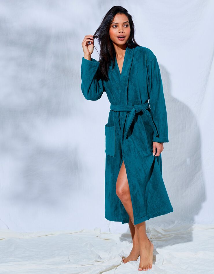 Peignoir mixte adulte éponge velours col châle (bleu paon) Peignoir mixte adulte éponge velours col châle (bleu paon)