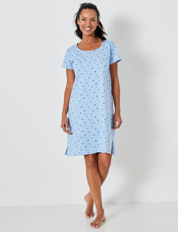 Chemise de nuit courte imprim&eacute;e fleurs (bleu glacier)