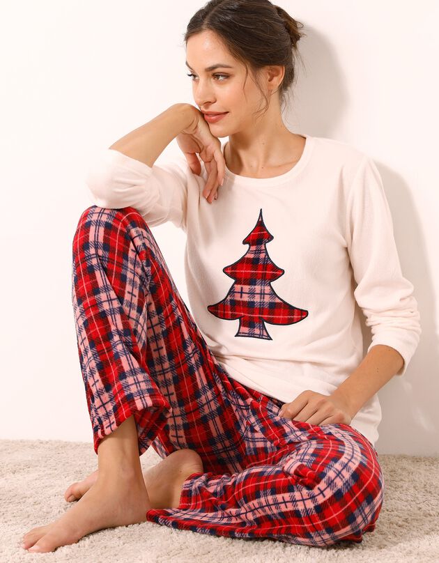 Pyjama pantalon maille micropolaire (écru / rouge)