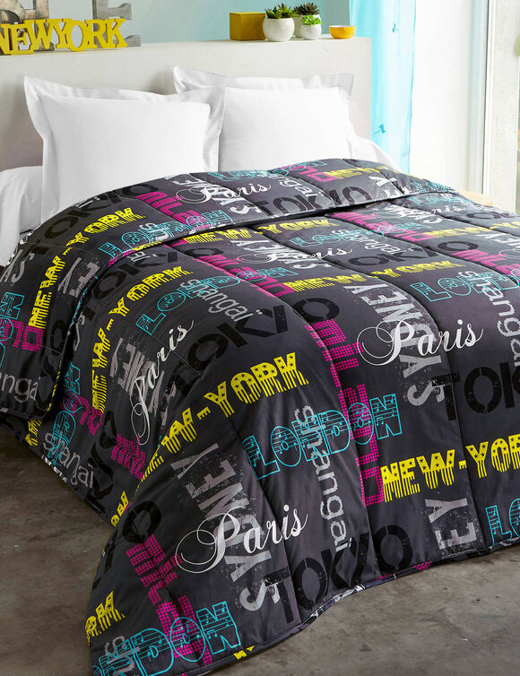 Couette coton imprimée Capitales 400 g/m² (noir)