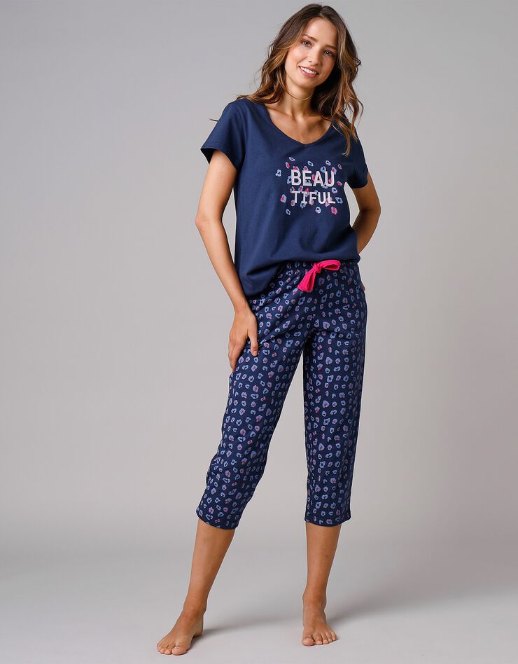 Tee-shirt manches courtes coton uni imprimé placé "Beautiful" (marine) Tee-shirt manches courtes coton uni imprimé placé "Beautiful" (marine)