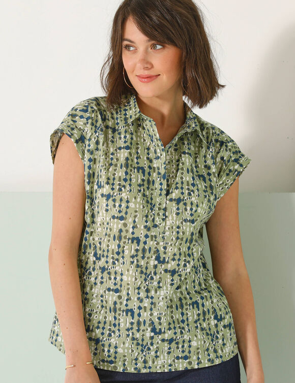 Blouse manches courtes à revers, imprimé minimaliste (vert / marine)